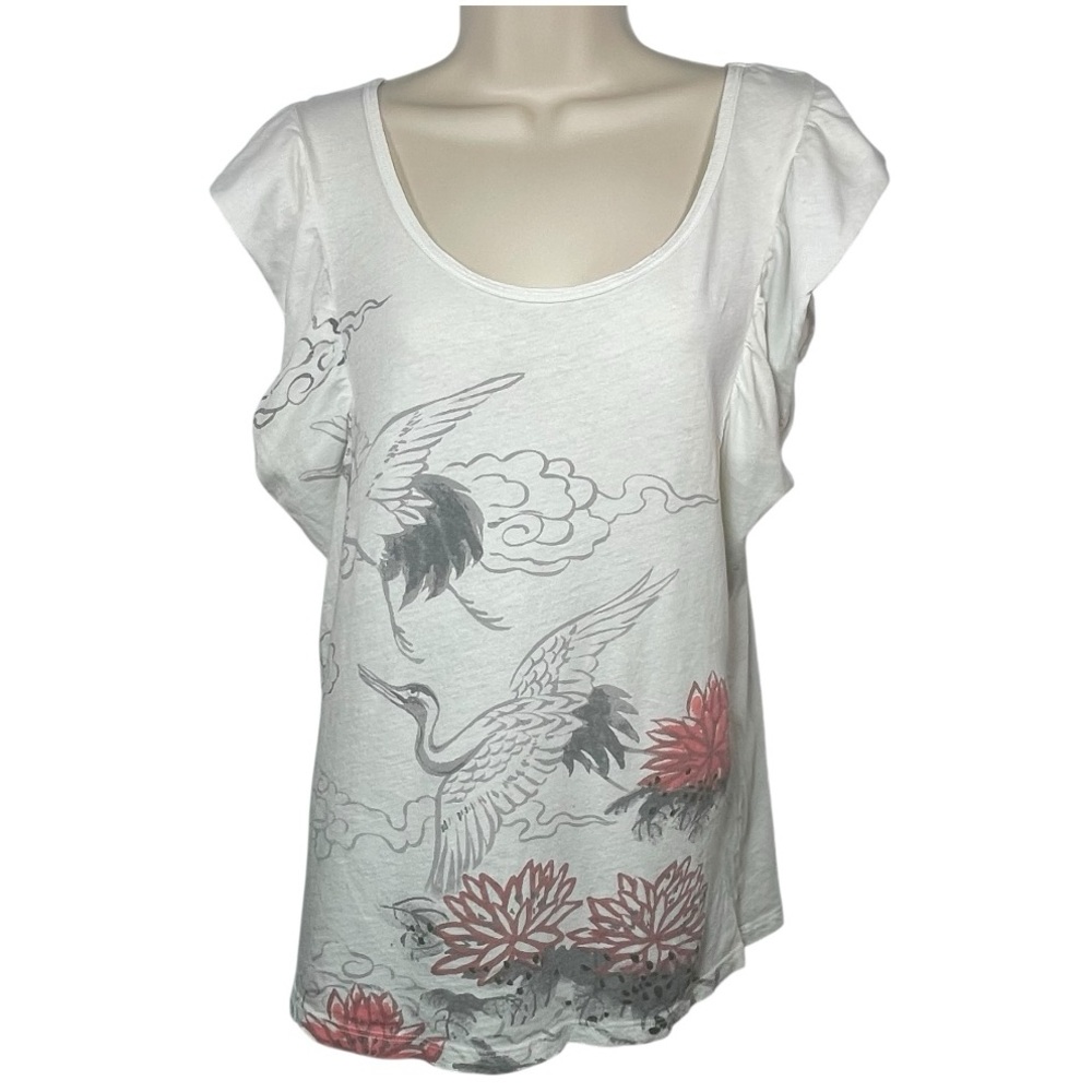 Vintage Lucky Brand tees flutter sleeve  Asian watercolor crane lotus print SZ M